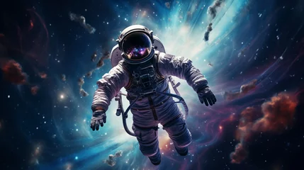 Deurstickers Astronaut floating in outer space. Galaxy, zero gravity, cosmic, interstellar, NASA, AI Generated © Florin