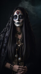 Halloween make-up. Portrait of a woman with shawl on head and with sugar skull makeup. Santa Muerte, day of the dead character.