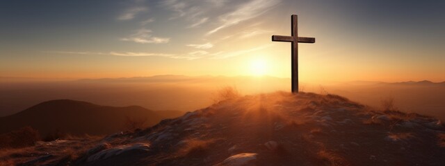 Cross of Jesus Christ on sunrise Easter background - obrazy, fototapety, plakaty