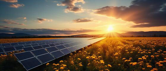 Sonnenkollektoren auf einer Wiese bei Sonnenuntergang. Konzept für erneuerbare Energien