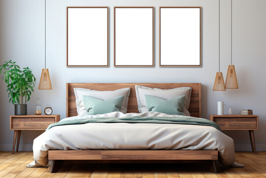 Interior of the minimalist bedroom with a wooden bed and mock-ups of posters or paintings on a grey wall in Scandinavian style