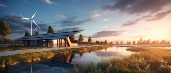 Haus der Zukunft am See mit Windkraft und Solar Energie , . Windkraftanlagen und Sonnenkollektoren bei Sonnenuntergang. Konzept für erneuerbare Energien - obrazy, fototapety, plakaty