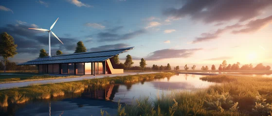 Foto op Plexiglas Haus der Zukunft am See mit Windkraft und Solar Energie , . Windkraftanlagen und Sonnenkollektoren bei Sonnenuntergang. Konzept für erneuerbare Energien © Daniel