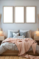 Scandinavian minimalistic bedroom interior in gray and pink colors and mockup of posters or paintings in a frame on the wall