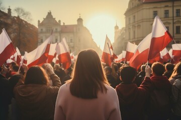 People waving Poland flags on a city street