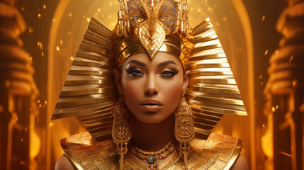 Gorgeous portrait of Egyptian Goddess. Female, golden, crown, Isis, leader, ancient, AI Generated  - obrazy, fototapety, plakaty