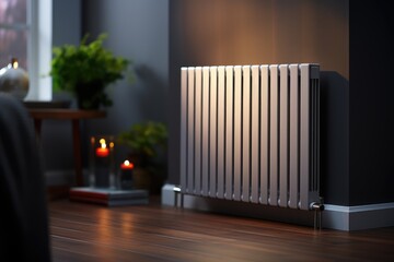 Efficient Radiator - Modern heating radiator in a cozy living room setting - House Heating - AI Generated - obrazy, fototapety, plakaty
