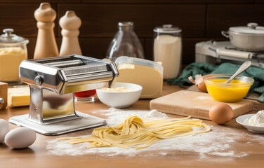 Pasta maker with dough and products in kitchen. Raw fresh cook with natural product. Generate Ai