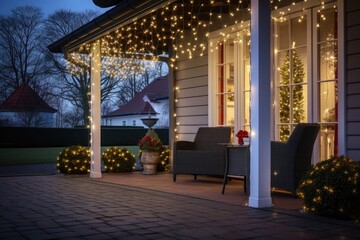 Outdoor Home Lights - Exterior of a house illuminated with festive Christmas lights - Christmas Preparations - AI Generated