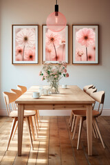 Mockup poster or painting on the wall in the dining room near a wooden table with chairs