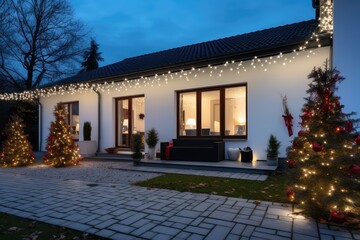 Fototapeta na wymiar Outdoor Home Lights - Exterior of a house illuminated with festive Christmas lights - Christmas Preparations - AI Generated