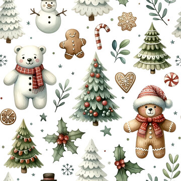 Watercolor seamless pattern with polar bears, gingerbread, Christmas trees, and festive decorations isolated on white background.