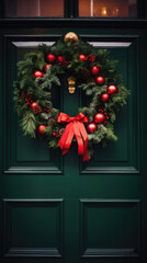 Christmas wreath on a green door with red baubles.