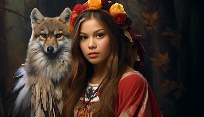 Portrait of a beautiful girl in a Russian folk costume with a wolf