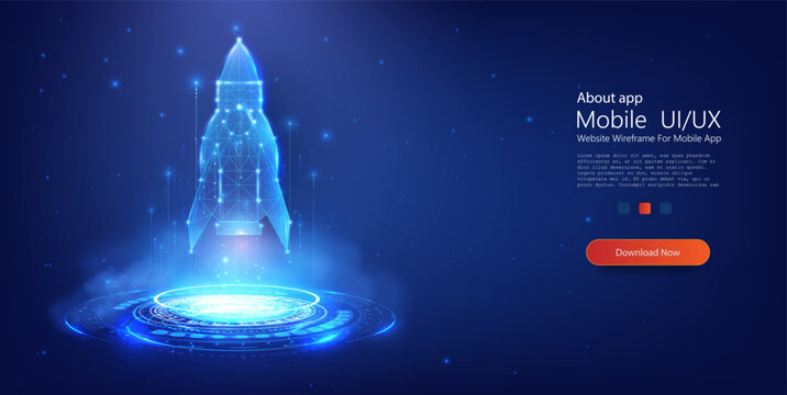 Rocket is above the technology circle blue neon portal. Business Start up launching product with rocket concept. Template and Background. Vector illustration