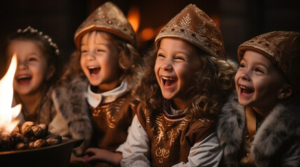 A group of children singing Sinterklaas songs by a cozy fireplace, their voices resonating with the melodies of the holiday, creating a heartwarming scene - obrazy, fototapety, plakaty