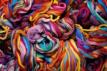 Colorful wool threads as background, top view,  Multicolored yarn