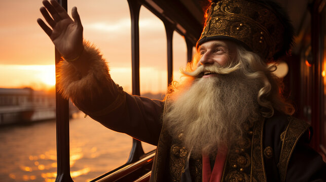 Sinterklaas waving farewell from his steamboat as he departs, with a colorful Dutch sunset casting a warm and enchanting glow over the water, marking the end of another memorable h