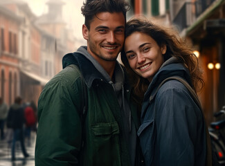 Young couple smiling together outdoors in the city, happy in love in street of Venice.