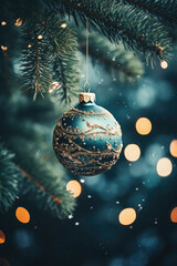 Christmas tree decoration on blurred bokeh background. Vintage style.