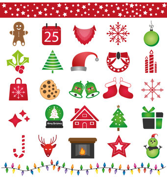 Set of christmas icons. Red and green christmas vector emojis including christmas lights, bells, snow flakes, fireplace, mistletoe and gingerbread.