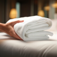 Obraz na płótnie Canvas Woman holding clean white towels indoors in hotel room or spa center. 