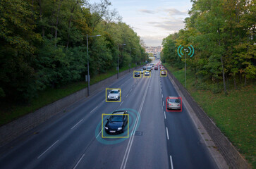 AI smart city traffic cameras monitoring concept. Street with cars. Counting cars, recording...