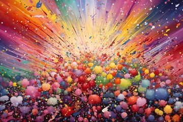 Colorful explosion of confetti on a multicolored background - obrazy, fototapety, plakaty