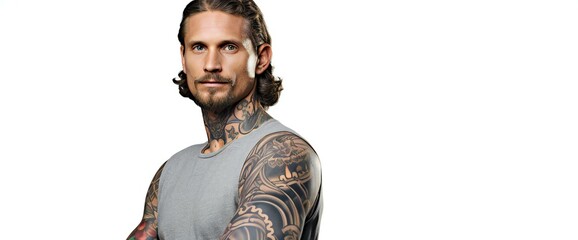 Portrait of a handsome tattooed man,  Isolated over white background