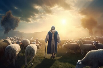 Shepherd guiding sheep. Man silhouette nature landscape. Generate Ai - obrazy, fototapety, plakaty