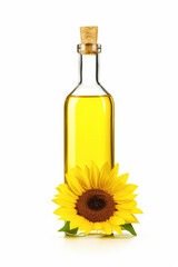 Ai generation. Delicious olive oil in a glass bottle and sunflower flower with