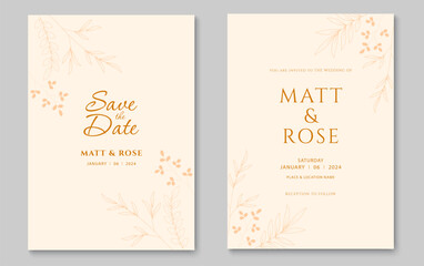 Wedding invitation card template. Abstract leaves line art background design. Vector illustration