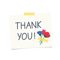 note with thank you message and pinned field flowers -vector illustration