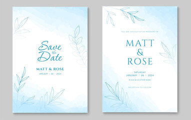 Wedding invitation card template. Abstract leaves line art background design. Vector illustration