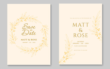 Wedding invitation card template with gold leaf wreath. Abstract foliage line art background design. Vector illustration