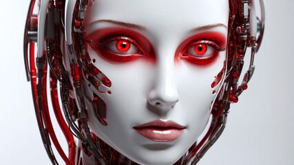 Close-up portrait of a beautiful robot woman in white and red with glass eyes.