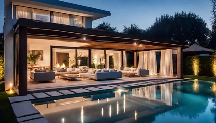 Foto op Aluminium Moderne Villa mit Flachdach und Swimmingpool im Garten - Relaxen auf Liegestühlen © Chris