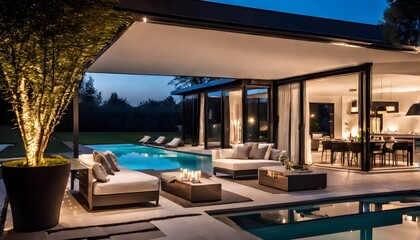 Moderne Villa mit Flachdach und Swimmingpool im Garten - Relaxen auf Liegestühlen