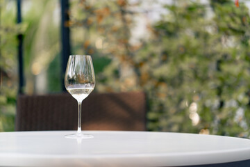 A glass of white wine stands on a table against the backdrop of beautiful arch in the winery garden