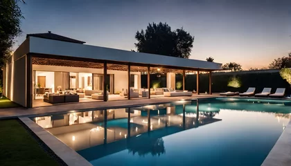 Foto op Canvas Moderne Villa mit Flachdach und Swimmingpool im Garten - Relaxen auf Liegestühlen © Chris