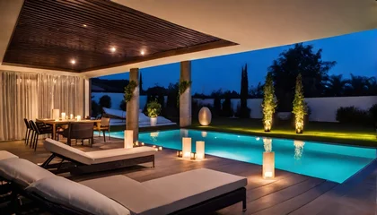 Foto auf Alu-Dibond Moderne Villa mit Flachdach und Swimmingpool im Garten - Relaxen auf Liegestühlen © Chris