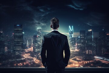 Fototapeta premium Man on building. Corporate success. Modern businessman vision. Urban boss. Creative perspective. Elevated view. Cityscape of business achievement