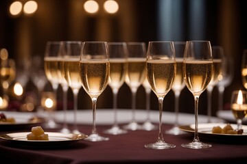Champagnergläser bei einem festlichen Bankett, eingefangen im warmen Kerzenlicht