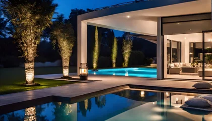 Tuinposter Moderne Villa mit Flachdach und Swimmingpool im Garten - Relaxen auf Liegestühlen © Chris