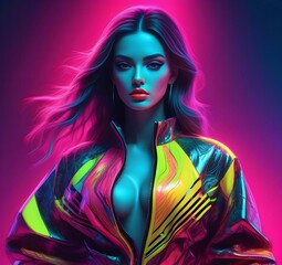 Futuristic woman in colorful neon light