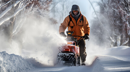 A man removes snow with a snow plow after a heavy snowfall near his house, close-up, blizzard, snow in the lens - obrazy, fototapety, plakaty