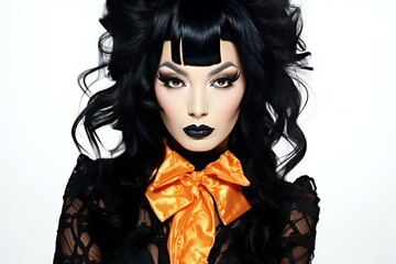 Beautiful young woman with black hair and orange gothic makeup