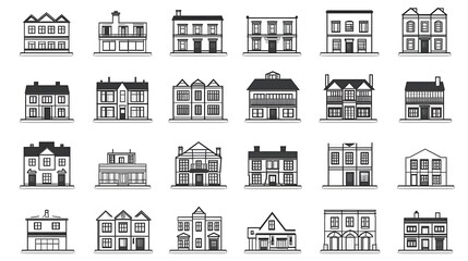 Set of outline vector icons modern house exterior isolated on a white background