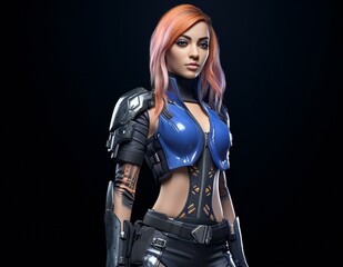 A female cyborg warrior isolated on black background