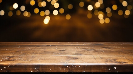 Wooden board empty table in front of defocused christmas lights. - obrazy, fototapety, plakaty